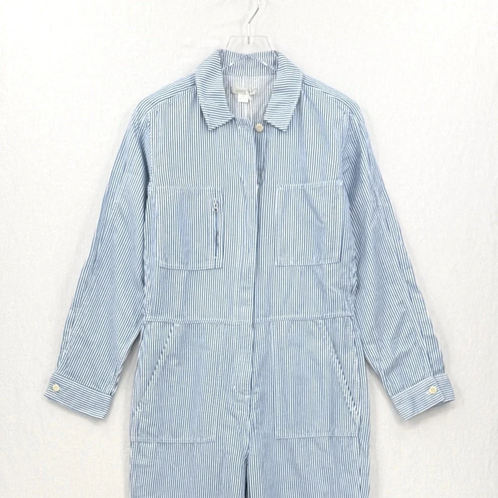 OUTERKNOWN Station Jumpsuit Women Small Blue Railroad Striped Utility Coveralls